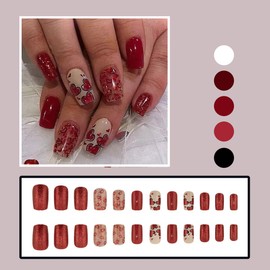 24Pcs Valentines Day Press on Nails Short Square Fake Nails with Glitter Red Heart Press ons Romantic Full Cover Valentines False Nails Cute Hearts Acrylic Glue on Nails for Women DIY Wedding Manicure