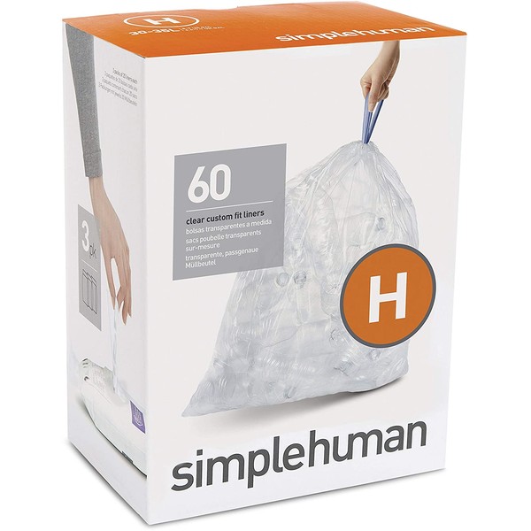 simplehuman CW0286 code H Custom Fit Bin Liner Bulk Pack, Clear Plastic (3 Pack of 20, Total 60 Liners)
