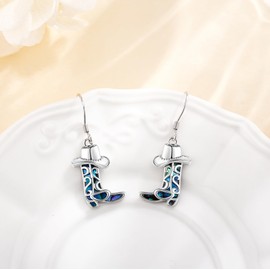 Cowboy Boot Earrings 925 Sterling Silver Abalone Shell Cowboy Hat Earrings Western Jewellery Gift for Women Ladies, Sterling Silver, No Gemstone