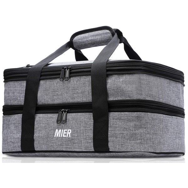 MIER Insulated Double Casserole Carrier Thermal Lunch Tote for Potluck Parties, Picnic, Beach, Fits 9 x 13 Inches Casserole Dish, Expandable, Gray