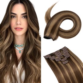 Hairro Clip in Hair Extensions Human Hair 100% Real Remy Human Hair Extension 8pcs Full Head Clip in Human Hair Extension 55g 12 inch Blonde Highlighted Medium Brown Silky Straight