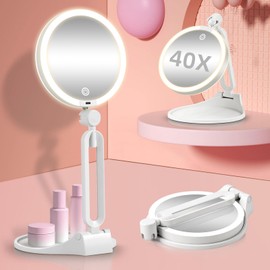 Travel Magnifying Makeup Mirror with Lights, Dual Sided 1X/40X, Foldable