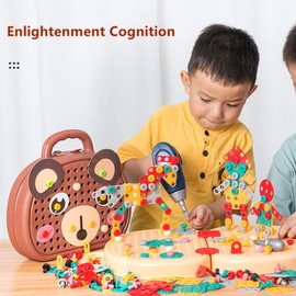 Montessori Toys Tool Set Play Toolbox for Boys Ages 3-12 Years Old, Bear Tool Box Fine Motor DIY STEM Toy, Puzzle Game Toy Set with Electric Drill Screw Tool Set, Creative Kids