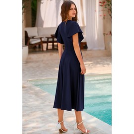 PRETTYGARDEN Summer Midi Dress 2025 Spring Ruffle Sleeve V Neck Cocktail Wedding Guest A Line Fit and Flared Dresses (Navy,Medium)