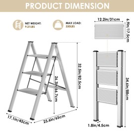 TLGREEN 3 Step Ladder, Aluminum Step Ladder 3 Step Folding with Anti-Slip Pedal, 330LBS Capacity Folding Step Ladder, Lightweight Stepladder for Kitchen, Office, Home, Garage (Silver)