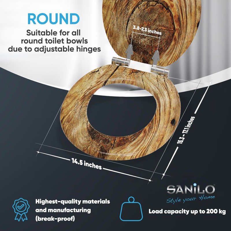 SANILO Wooden Toilet Seat with Soft Close [ROUND] - Decorative,