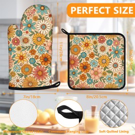 Boho Floral Oven Mitts and Pot Holders Sets 4Pcs,Extra Long Oven Gloves Potholder for Kitchen Cooking Baking BBQ 100% Cotton Heat Resistant