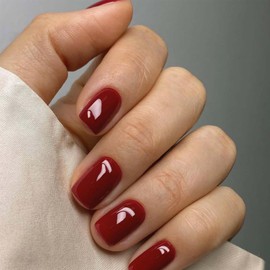 Short Fake Nails - 24Pcs Cherry Red False Nails Square - Burgundy Press on Nails with Glue - Solid Colour Stick on Fingernails Tips with Glue for Women Girls Nail Art