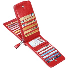 Huztencor Bifold Wallet, 26 Card Storage Capacity, Unisex, Magnetic Card Protector, Large Capacity, Coin Pocket, RFID Identification - red -