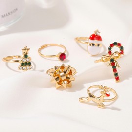 GIGB PBDK Christmas Rings for Women Cartoon Christmas Ring Set Christmas Tree/Jingle Bells/Santa/Elk Shape Rings Cute Knuckle Finger Rings Christmas Jewelry Gift (Set)