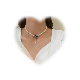 W WEILIRIAN Boho Crystal Flower Pendant Necklace Pearl Choker Necklace Black Camellia Necklace Chain Vintage Pearl Beads Necklace Jewellery for Women and Girls Gifts, Metal