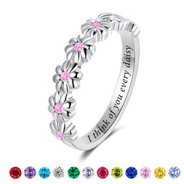LEXLUNE Dainty Daisy Ring for Women, S925 Sterling Silver Cubic Zirconia Sunflower Flower Ring For Daughter, I Think Of You Every Daisy Ring,October Birthstone Ruby Size 5