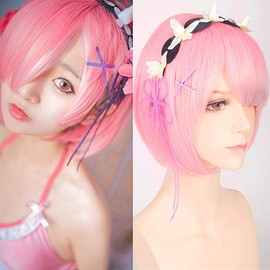 Creamily Short Bob Pink Straight Wig with Bangs for Women, Natural Straight Bob Synthetic Hair Wig for Girls, Pink Color Costume Cosplay Party Daily Use