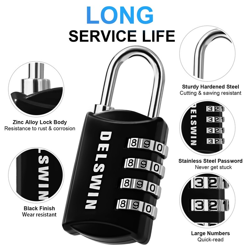 DELSWIN Combination-Padlock 4-Digit-Gym-Locker-Lock - 12 PCS Resettable Combo Lock for
