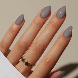 KQueenest Soft Gel Press on Nails Kurz – Sheer Grau Nägel zum Aufkleben Kurz Mandel, Einfarbig Fake Nails mit Kleber, Glänzend Natürlich Künstliche Nägel Set für Frauen, 30 Stück