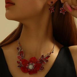 Mycitta Chunky Statement Jewelry Set Vintage Red Big Retro Flower Floral Leaf Aesthetic Bohemian Boho Bib Necklace Earring Set Fashion Costume Jewelry for Women Girls Wedding Party Prom Unique Gift