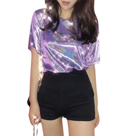 ANKOMINA Women Teen Girls Shiny Glitter Metallic T Shirt Tank Tops Holographic Rave Festival Party Blouse