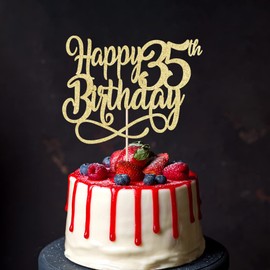 Qertesl - Decoración para tartas de cumpleaños 35 con purpurina dorada para 35 años, decoración para tartas de 35 años, para hombres y mujeres de 35 años