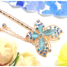 Miaomyao Kanzashi Kanzashi, Single Piece Kimono, Tsumatsu, Hair Ornament, Metal, Antique Butterfly, Butterfly Motif, Pink Gold, Hair Accessory (Blue)