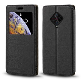 Shantime Viewable Window Leather Flip Case Compatible with Vivo X50 Lite, Elegant Design Clear Display Invisible Magnetic Cover and Card Slot(Black)