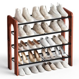Wooden 4-Tier Shoe Rack, Free Standing Shoe Storage Organizer with Wood Legs and Metal Mesh Shelves, Shoe Shelf for Entryway, Closet, Hallway