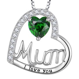 YL Mum Necklace 925 Sterling Silver Engraved"I Love You" cut May Birthstone Emerald Mum Pendant Necklace for Women