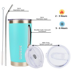 BJPKPK - Vaso térmico de acero inoxidable con tapa y pajita de 20 onzas para bebidas frías y calientes, color turquesa