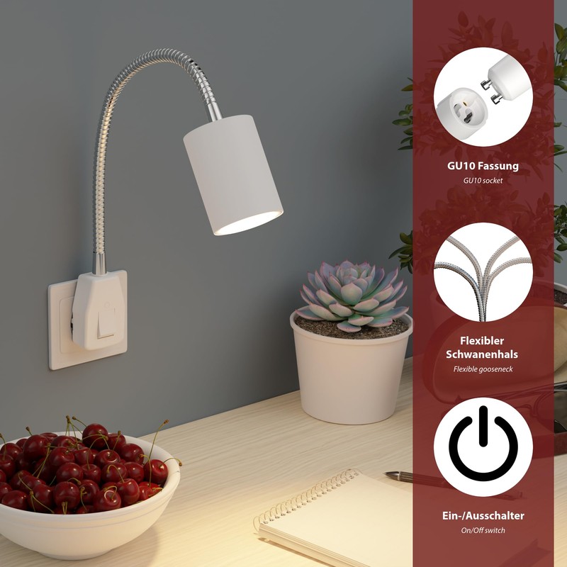 ledscom.de Waika Socket Light/Reading Lamp, Gooseneck, Switch, White, 1x GU10
