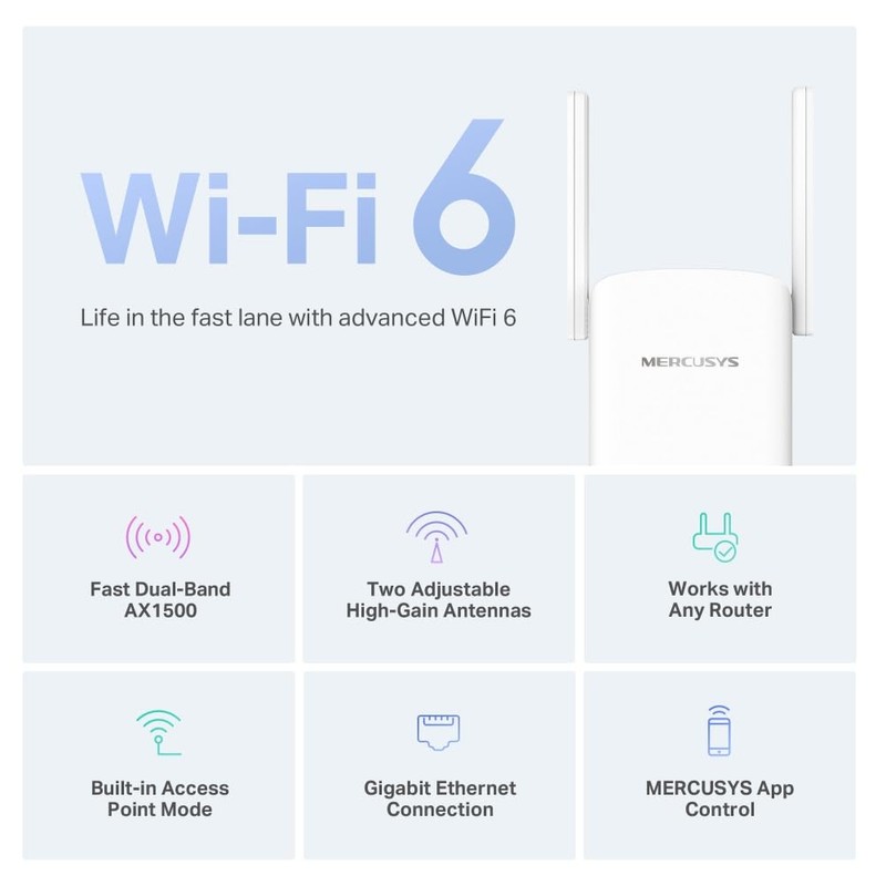 Mercusys AX1500 Wi-Fi 6 Range Extender, Dual Band, Gigabit Ethernet