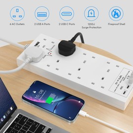 Extension Lead with USB Slots, 4 Way Socket Surge Protection with 4 USB Charger(2C+2A) Multi Plug 2990W Safety Shutter with 4M Extension Cord for TV PC Laptops Tablets