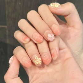 Extra Short Almond Press on Nails Gradient Fake Nails Full Cover Handmade Press on Nails Luxury 3D Flower Pearl Embossed Acrylic Nails Designs Muti-Layer Gel Stick on Nails for Women's Nails Kit (M)