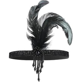 1920s masquerade feather Flapper Headband (Black, One Size)