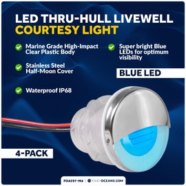 Five Oceans 4-Pack LED Boat Courtesy Lights, 1-5/16-Inch Round, 316 Stainless Steel Half Cover, IP68 Waterproof, Blue, 12V, Thru-Hull Mount for Livewell & Underwater Light on Boats - FO4597-M4