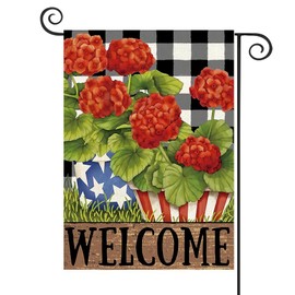 YBTLhome Welcome 4th of July Geranium Patriotic Garden Flag 12x18 Inch Vertical Double Sided Red Flowers Yard Outside Decorations Memorial Day Independence Day Garden Flag Farmhouse Outdoor Yard Flag