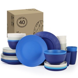 Perlapoc Dinnerware Set Wheat Straw Dishes Set 40 PCS - Service for 8 Unbreakable Plastic Dish Set Microwave Safe Plates and Bowls Sets Lightweight Cups Sets Outdoor Dishes - Island Colors