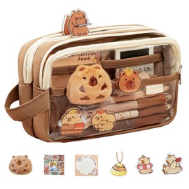 Hshenjhu Capybara Pencil Case, 5-Layer Large Capacity Capybara Pencil Case, Cute Pencil Case, Stationery Set with Capybara Sticker and Capybara Cuddly Toy, Capybara Things, for Boys and Girls, brown