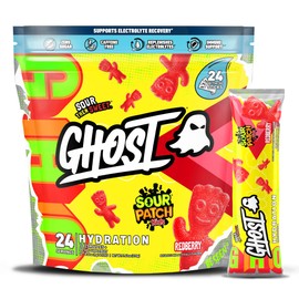 GHOST Hydration Packets, Sour Patch Kids Redberry, 24 Sticks, Electrolyte Powder - Drink Mix Supplement with Magnesium, Potassium, Calcium, Vitamin C - Vegan, Free of Soy, Sugar & Gluten