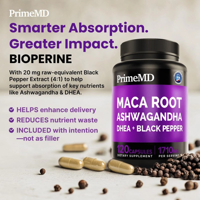 PrimeMD 6-in-1 Organic Maca Root Ashwagandha Capsules 1710mg, DHEA, 120