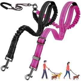 AUTOWT Double Leash for Two Small Dogs, No Tangle 360° Swivel Dual Dog Leashes with 4 Handles, Super Lightweight for Puppy Under 20Lbs, Reflective Adjustable Strap and Shock Absorbing Bungee