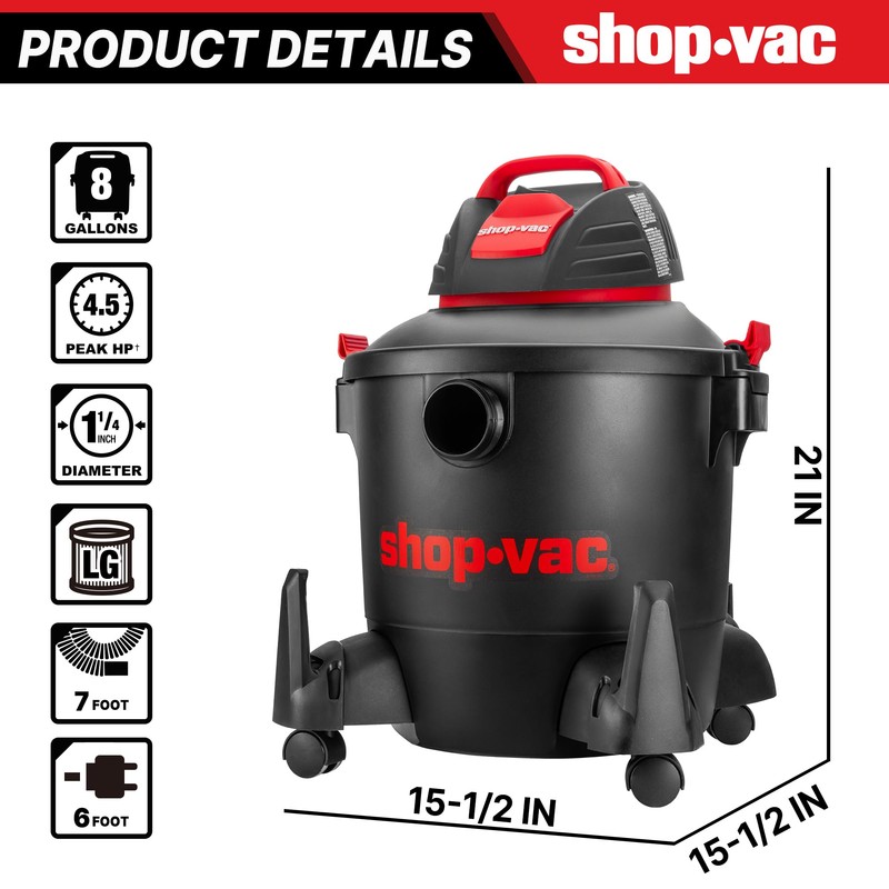 Shop-Vac 5922805 Wet/Dry Vacuum, 8 Gallon, 4.5 Peak HP, 1.25