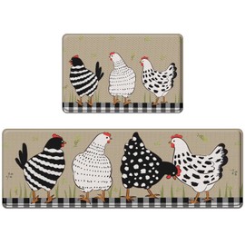 Anti-Fatigue Rooster Kitchen Rug Set of 2 Cushioned Chicken Rugs for Kitchen Floor, Country Farmhouse Standing Mat Waterproof Non-Slip Kitchen Mats and Rugs PVC Ergonomic Comfort Foam Kitchen Decor
