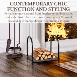 MyGift Modern Firewood Rack with Matte Black Metal Frame and Vintage Weathered Gray Solid Wood Base, Freestanding Fireplace Fire Starter Split Log Holder Stand