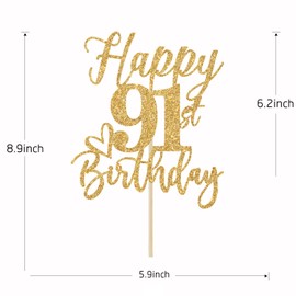 Decoración para tartas de feliz cumpleaños 91, decoraciones de cumpleaños 91 para hombres/mujeres, saludos a 91 años, suministros para fiesta de cumpleaños 91, 91 con purpurina dorada