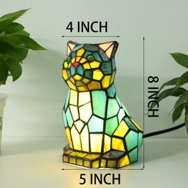 SYLW Tiffany Cat Lamp Blue and Green Stained Glass Animal Table Lamp Accent Lamp