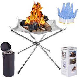 Portable Fire Pit for Camping, Foldable Stainless Steel Mesh Fire Pit with Carrier Bag and Heat Resistant Gloves, Camper Van Accessories Perfect for For Outdoor Camping, BBQ, Patio and Garden