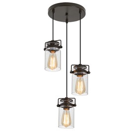 foucasal Industrial Glass Pendant Light, 3 Light Hanging Pendant Lighting Fixture with Seeded Glass Shade, Adjustable Cord Farmhouse Ceiling Light for Kitchen Island Dining Room Bedroom Living Room