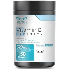 ETERNAL NUTRITION Infinity: Complejo B Elevado 11 Tipos (150 Cápsulas) | B1, B2, B3, B5, B6, B7 Biotina, B9 Folato y B12 · 150 Porciones · 520 mg · En