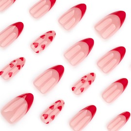 Valentine's Day French Tip Red Press on Nails Short Almond - YIHONGYAN Acrylic Nail Kit Stick on Nails Press ons Nail Tips Glue on Nails Full Cover Cute Heart Fake Nails for Nail Art DIY 24 Pcs