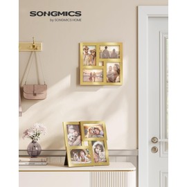 SONGMICS 4x6 Collage Picture Frames, Family Photo Collage Frame Set of 4 for Wall Decor, Glass Front, Wall Hanging or Tabletop, Pale Gold