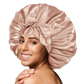 BONNET QUEEN Silk Bonnet for Sleeping Women Satin Bonnet Hair Bonnet Large Bonnet Night Sleep Cap for Curly Hair with tie Band Champagne